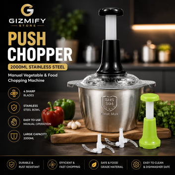 Push Chopper 2000ml Stainless Steel 4-Blade Hand Chopper – Manual Vegetable & Food Chopping Machine with Handle & Replacement Parts