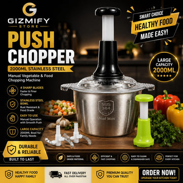 Push Chopper 2000ml Stainless Steel 4-Blade Hand Chopper – Manual Vegetable & Food Chopping Machine with Handle & Replacement Parts