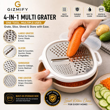 4-in-1 Multi Grater with Storage Container & Safety Cover – Vegetable Cutter, Slicer, Shredder & Cheese Grater for Kitchen