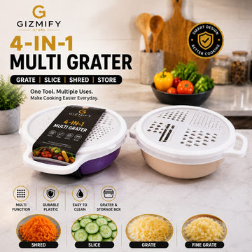 4-in-1 Multi Grater with Storage Container & Safety Cover – Vegetable Cutter, Slicer, Shredder & Cheese Grater for Kitchen