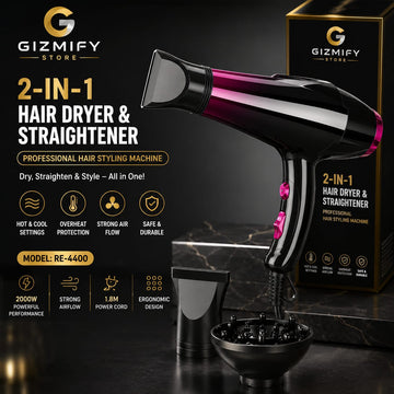 2-in-1 Hair Dryer & Straightener for Men & Women – Professional Unisex Hair Styling Machine with Hot & Cool Settings (Model RE-4400)
