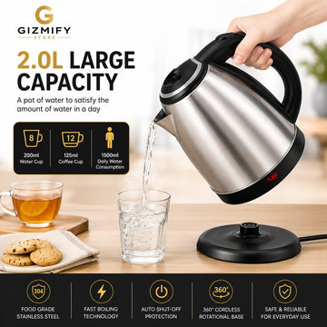 Fast Heating Electric Kettle 2 Liter – Stainless Steel Water Boiler with Auto Shut-Off & Quick Boil for Tea, Coffee & Travel Use