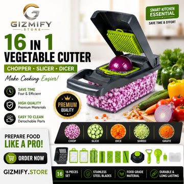 16-in-1 Vegetable Cutter Manual Chopper Slicer Dicer – Multifunction Kitchen Tool with Stainless Steel Blades for Fast Food Preparation