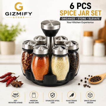 6 Pcs Rotating Spice Rack Set with 360° Revolving Stand – Glass Seasoning Jars Kitchen Spice Organizer for Herbs, Masala & Condiments Storage