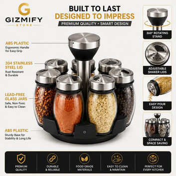 6 Pcs Rotating Spice Rack Set with 360° Revolving Stand – Glass Seasoning Jars Kitchen Spice Organizer for Herbs, Masala & Condiments Storage