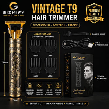 Vintage T9 Hair Trimmer Original – Professional Metal Body Rechargeable Hair & Beard Clipper with Zero Cut Blade & Type-C Charging